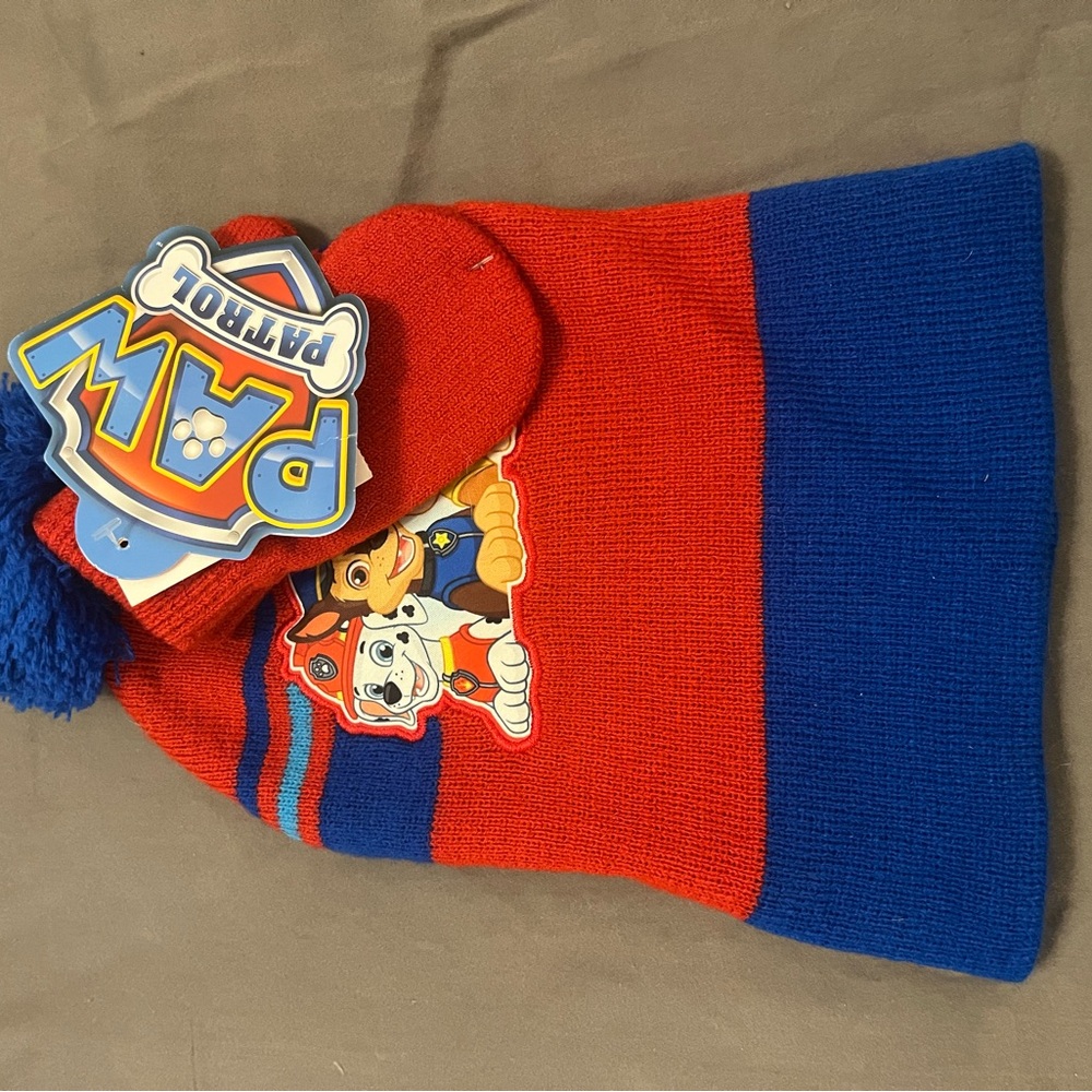 Paw Patrol Red and Blue Kids Beanie and‎ Mittens Set
